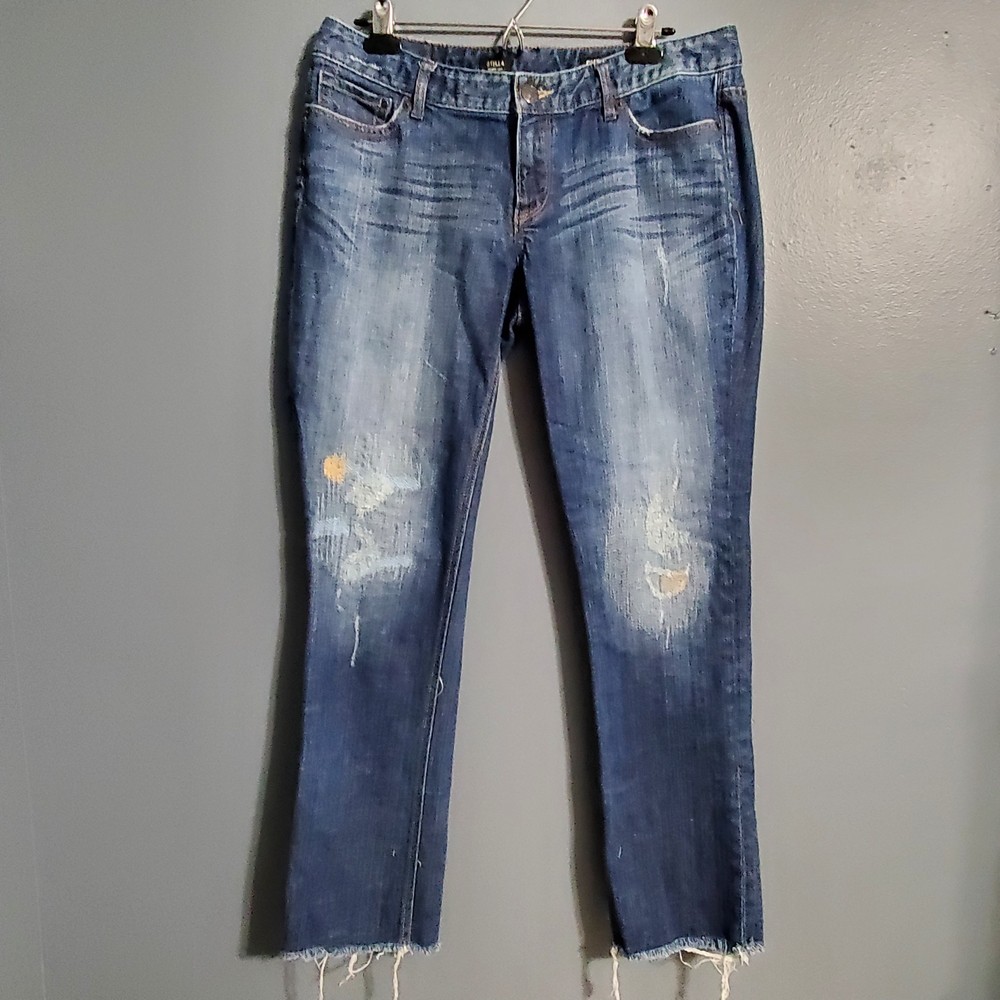 Express Stella Blue Distressed Skinny Leg Jeans Low Rise Women's Size 12